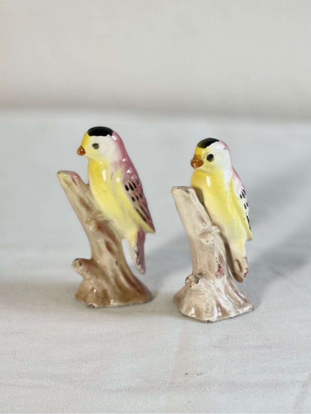 Vintage Ceramic Yellow & Pink Bird Salt & Pepper Shaker Figurines - Pair